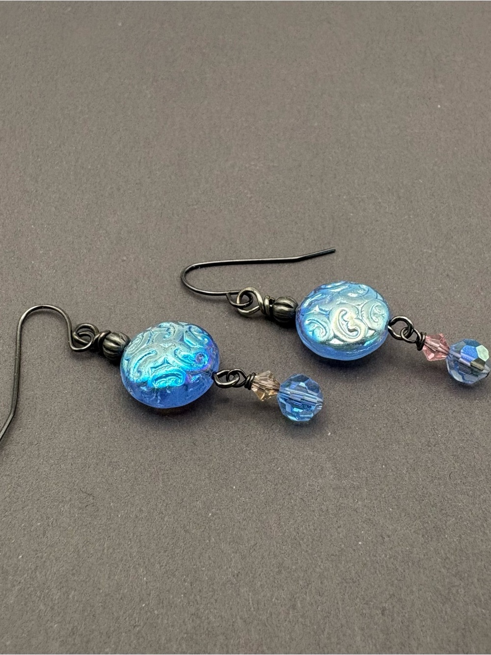 Blue Iridescent Czech Glass and Swarovski Crystal Dangle Earrings - Picture 2 of 3